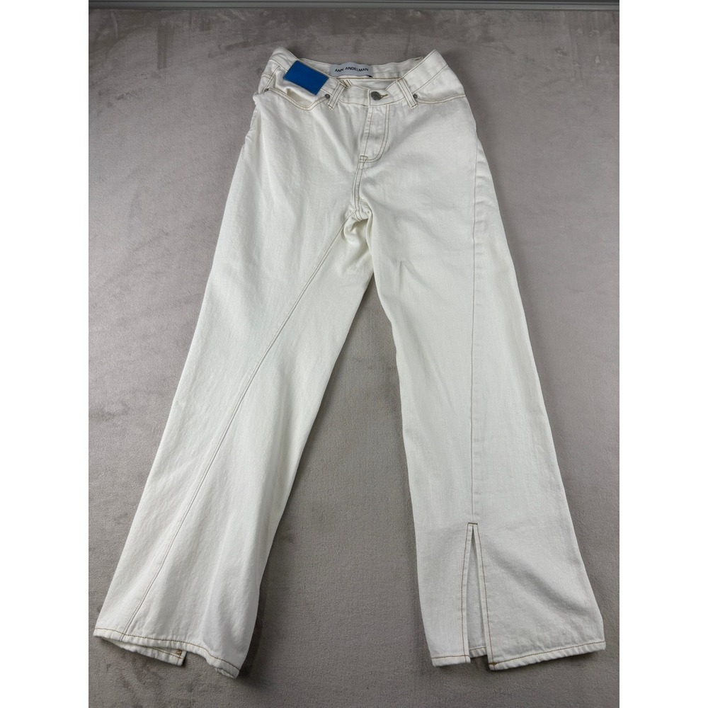 Ann Andelman White Wide‎ Leg Split Hem Denim Jeans Asymmetrical Seams Womens